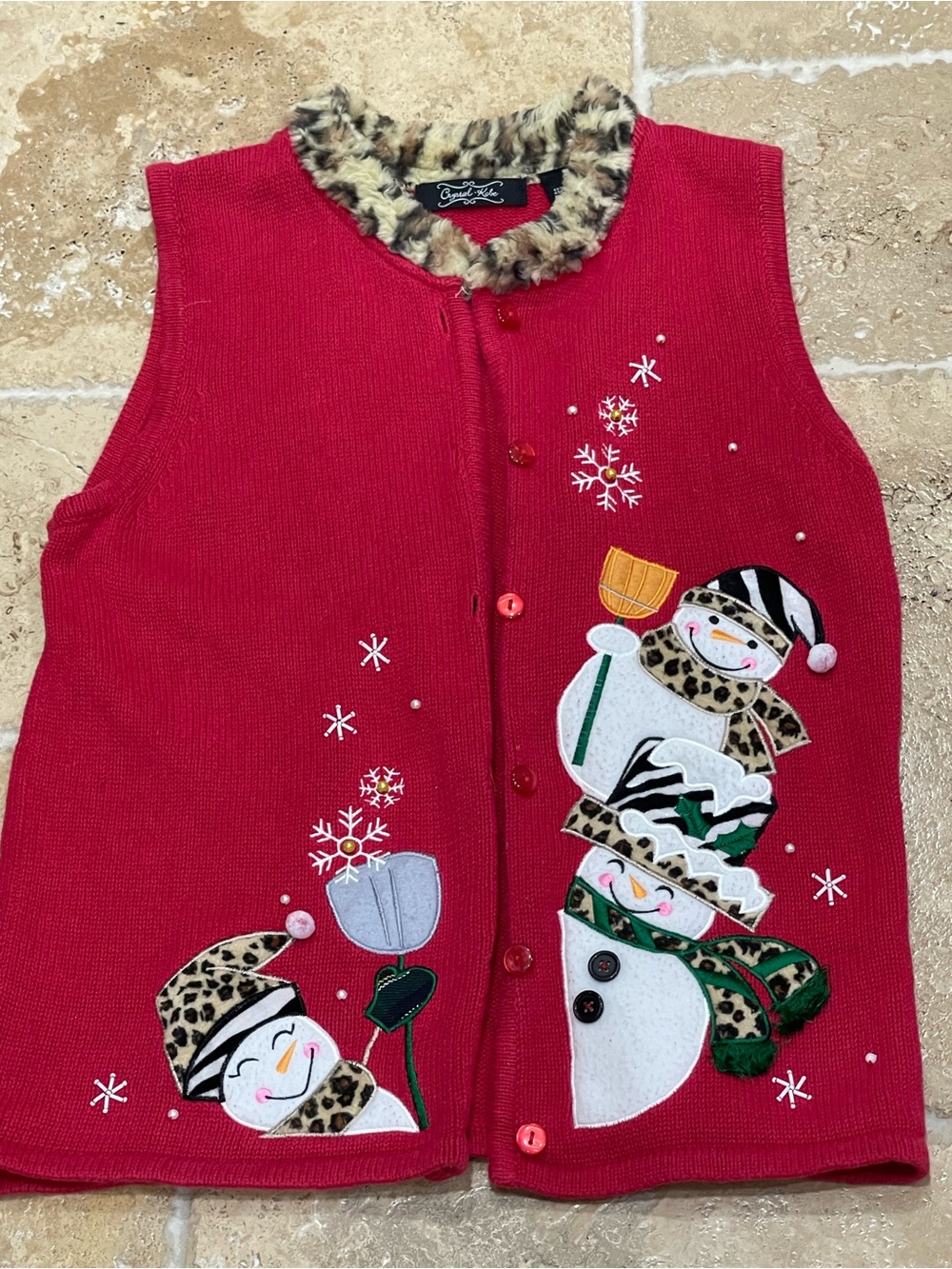 VTG Christmas Sweater Vest - Red Knit V-Neck - Crystal Kobe - Snowman Faux Fur